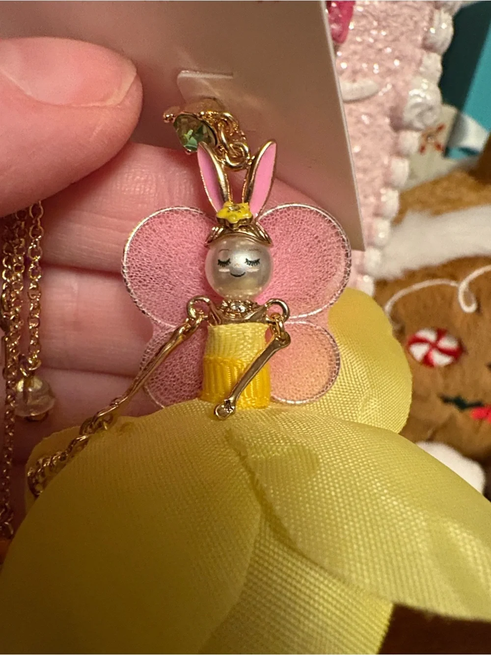 RARE Betsey Johnson Yellow Bunny Doll Asymmetric Drop Earrings with Green Studs